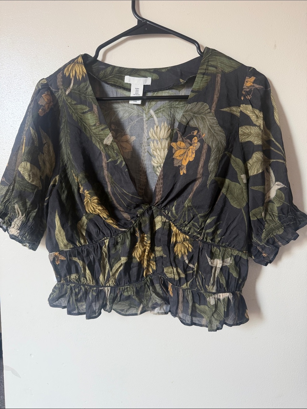 H&M Black Floral V-Neck Ruffle Crop Top with Green & Yellow Print